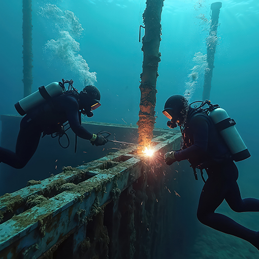Underwater welding divers work on sunken structure. Sparks fly u