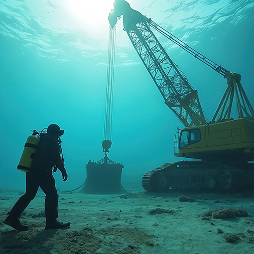 Divers work near heavy machinery on ocean floor. Underwater cons