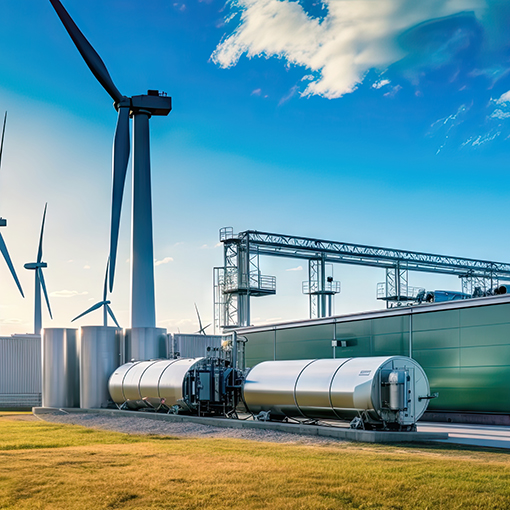 A modern biogas plant with wind turbines in the background highl