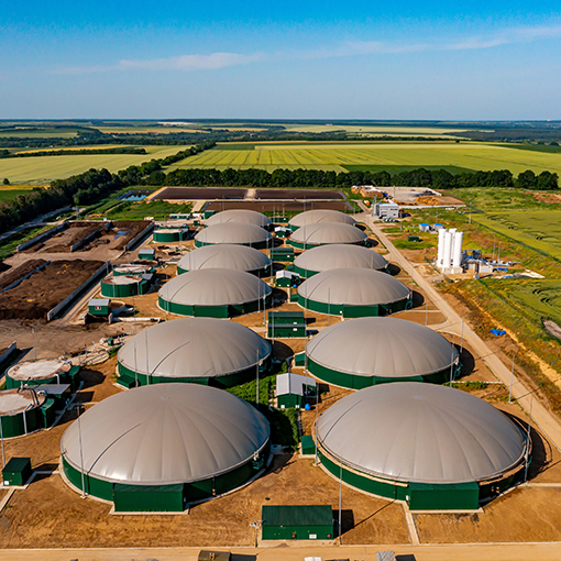 Aerial view on the modern bio gas station or factory. Bio gas pl