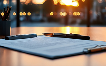 Close-up of a contract on a desk with a pen and sunset view, sym