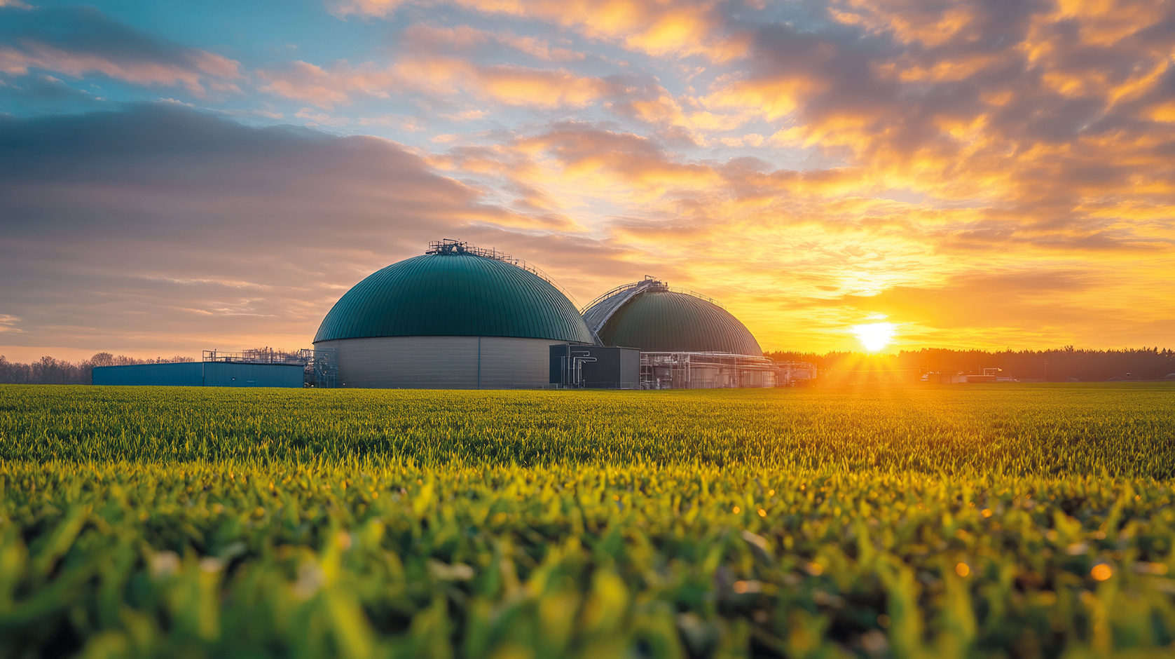 Biogas Plant at Sunset: Green Energy and Agriculture