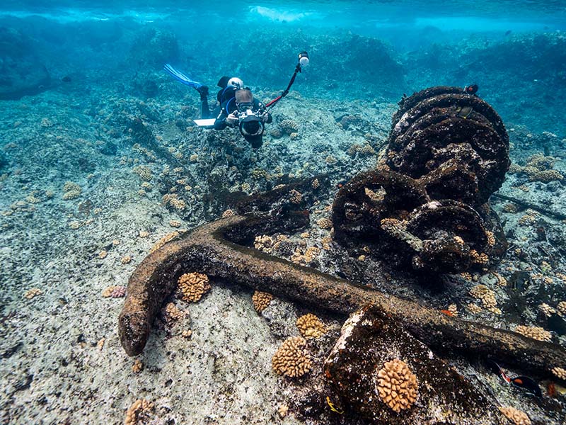 Anchor and other remnants of the the wreck in shallow water 