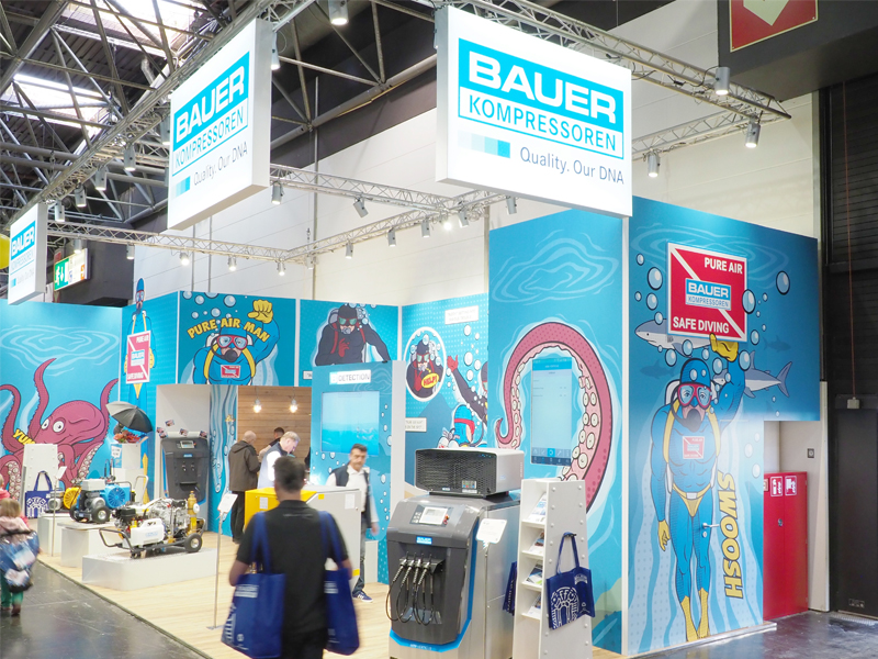 Breathing air quality was the main theme of the BAUER exhibition stand in eye-catching comic design