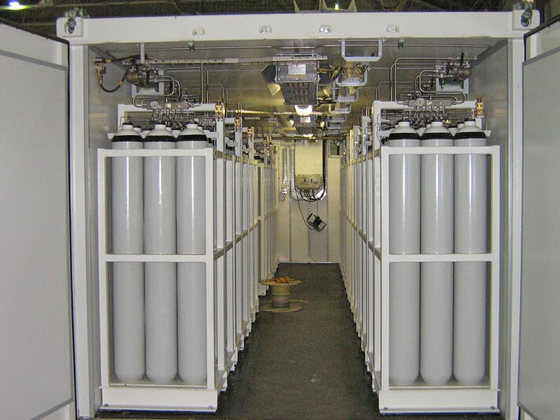 Vast racks of storage cylinders ensure permanent availability of breathing air
